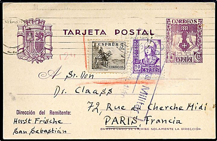 15 cts. helsagsbrevkort opfrankeret med 5 cts. og 20 cts. fra San Sebastian d. 8.3.1938 til Paris, Frankrig. Lokal spansk censur fra San Sebastian.