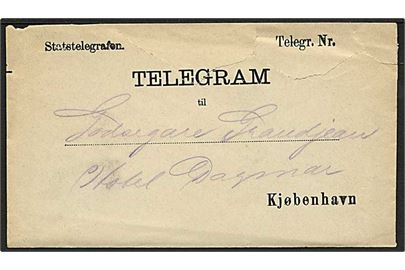 Statstelegrafen telegramkuvert med indhold dateret d. 7.2.1889 fra Malmö til Kjøbenhavn. På bagsiden ovalt stempel: Statstelegraphen Stationen paa Banegaarden.