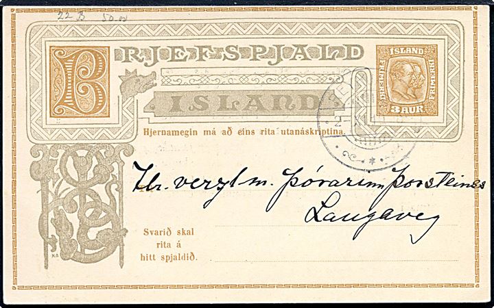 3 øre To Konger spørgedel af dobbelt helsagsbrevkort sendt lokalt i Reykjavik d. 2.11.1910.