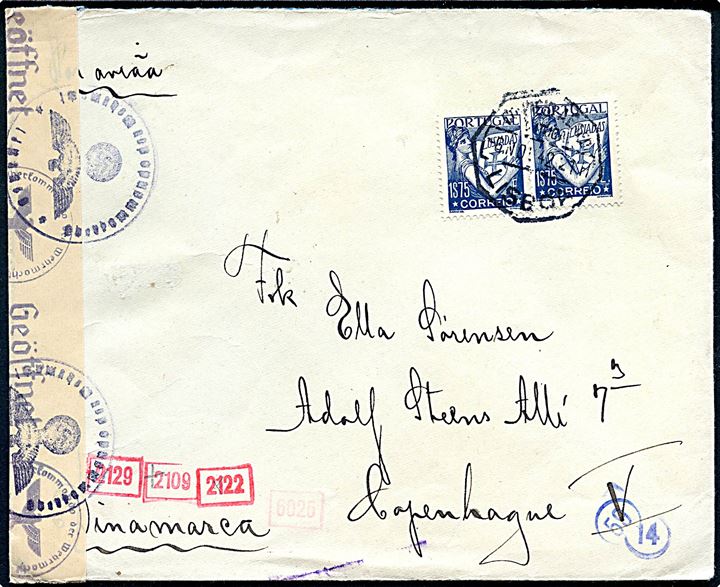 1$75 i parstykke på luftpostbrev fra Lissabon d. 6.11.1942 til København, Danmark. Åbnet af tysk censur i München