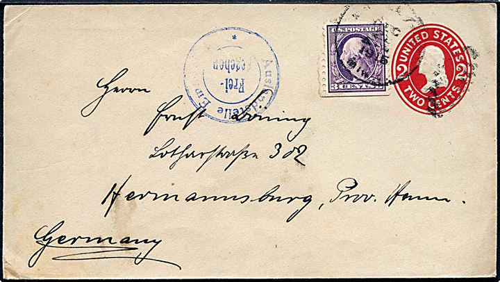 2 cents helsagskuvert opfrankeret med 3 cents Washington fra Saint Paul d. 22.12.1915 til Hermannsburg, Tyskland. Tysk censur fra Emmerich.