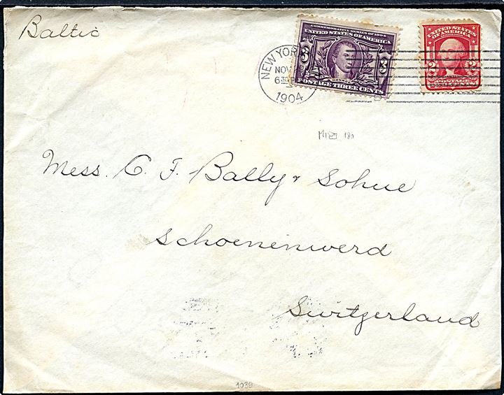 2 cents Washington og 3 cents Monroe Louisiana udstilling på brev med påskrevet skibsnavn Baltic fra New York d. 29.11.1904 til Schönenwerd, Schweiz.