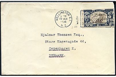 2½d Mount Cook single på brev fra Wellington d. 19.3.1936 til København, Danmark.