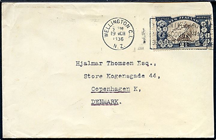 2½d Mount Cook single på brev fra Wellington d. 19.3.1936 til København, Danmark.