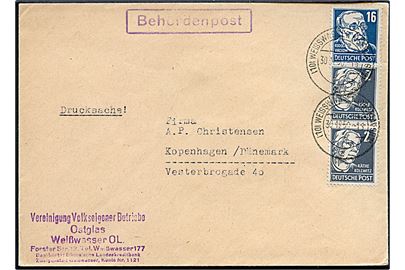 2 pfg. Kollwitz (par) og 16 pfg. Virchow på brev med rammestempel Beh¨rdenpost fra Weisswasser d. 30.12.1950 til København, Danmark.