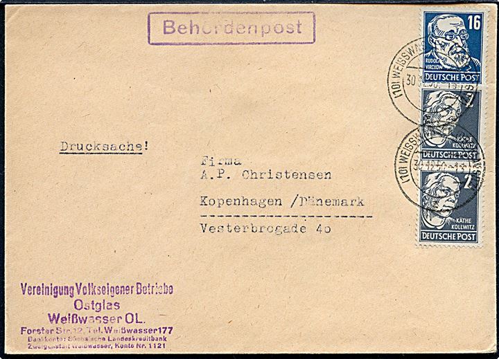2 pfg. Kollwitz (par) og 16 pfg. Virchow på brev med rammestempel Beh¨rdenpost fra Weisswasser d. 30.12.1950 til København, Danmark.