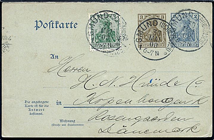 2 pfg. + 3 pfg. provisorisk spørgedel af dobbelt helsagsbrevkort opfrankeret med 5 pfg. Germania fra Gmünd d. 30.5.1908 til København, Danmark.