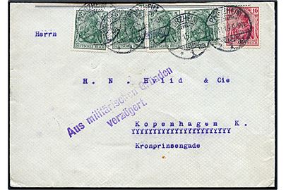 5 pfg. (4) og 10 pfg. Germania på brev fra Pforzheim d. 25.11.1915 til København, Danmark. Stemplet Aus militärischen Gründen verzögert. Afkortet i toppen.