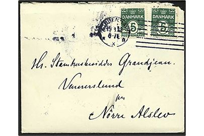 5 øre Bølgelinie (2) på brev annulleret med forsøgs maskinstempel Kjøbenhavn KKB d. 15.8.1912 til Nørre Alslev.