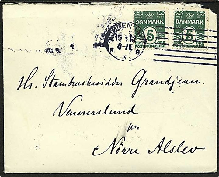 5 øre Bølgelinie (2) på brev annulleret med forsøgs maskinstempel Kjøbenhavn KKB d. 15.8.1912 til Nørre Alslev.