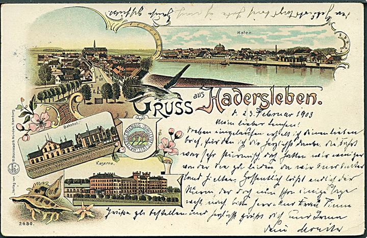 Haderslev, “Gruss aus” med banegaarden og kasernen. M. Glückstadt & Münden no. 2680. Kvalitet 7