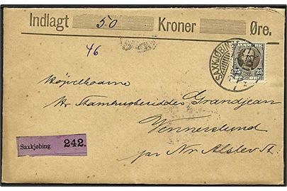 25 øre Fr. VIII single på værdibrev fra Saxkjøbing d. 7.12.1908 til Nr. Alslev.