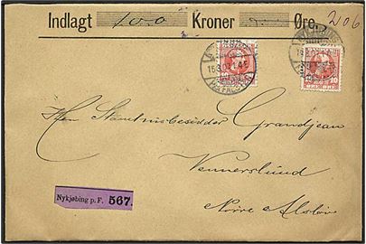 10 øre Chr. IX (2) på værdibrev fra Nykjøbing Falster d. 15.3.1907 til Nr. Alslev.