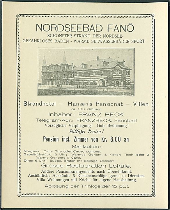 Nordby Fanø, Nordseebad Fanö. Reklame uden adresselinier 12x15 cm. U/no. Kvalitet 10
