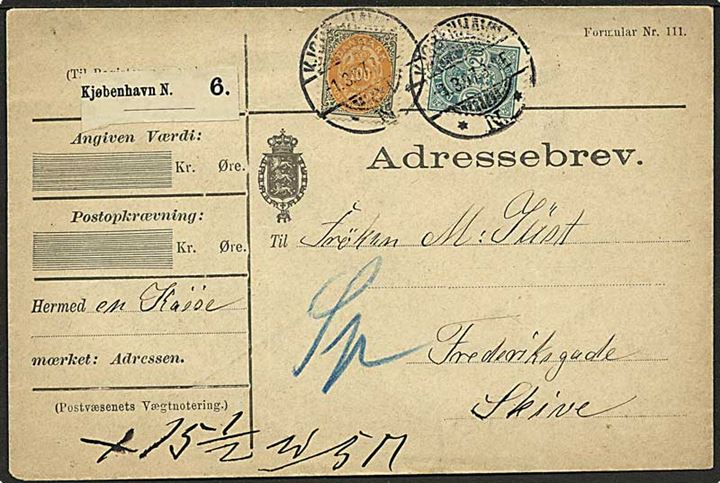 100 øre Tofarvet 5. tryk omv. ramme og 20 øre Våben på adressebrev for pakke fra Kjøbenhavn d. 1.3.1897 til Skive.