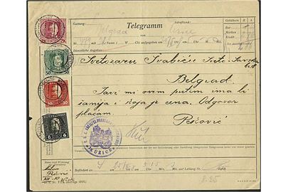 6 h., 30 h., 50 h. og 2 k. KuK Feltpost udg. på telegramformular fra Budapest stemplet KuK Etappenpostamt Uzice in Serbien d. 255.2.1918.