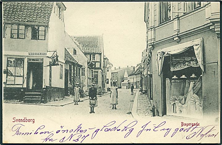 Svendborg, Bagergade og hjørnet af Fruestræde. A. Vincent no. 621. Kvalitet 8