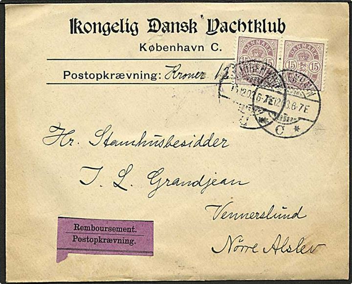 15 øre Våben i parstykke på brev med opkrævning fra Kjøbenhavn d. 15.12.1903 til Nr. Alslev.