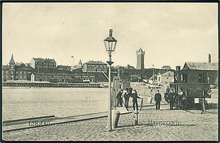 Esbjerg, havneparti med lokomotiv no. 495. Stenders no. 1902. Kvalitet 7