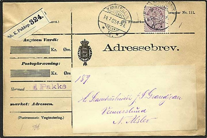 15 øre Våben single på adressebrev for pakke fra Kjøbenhavn K. d. 14.7.1903 til Nr. Alslev.