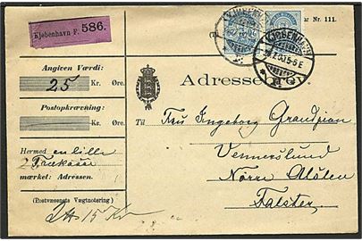 20 øre Våben i parstykke på adressebrev for værdipakke fra Kjøbenhavn d. 24.7.1900 til Nørre Alslev.
