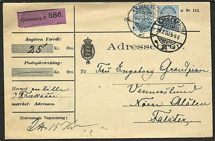 20 øre Våben i parstykke på adressebrev for værdipakke fra Kjøbenhavn d. 24.7.1900 til Nørre Alslev.