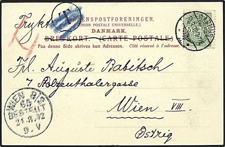 5 øre Våben single på brevkort sendt som tryksag fra Arhus d. 19.8.1902 til Wien, Østrig. Fejlagtigt udtakseret i porto.