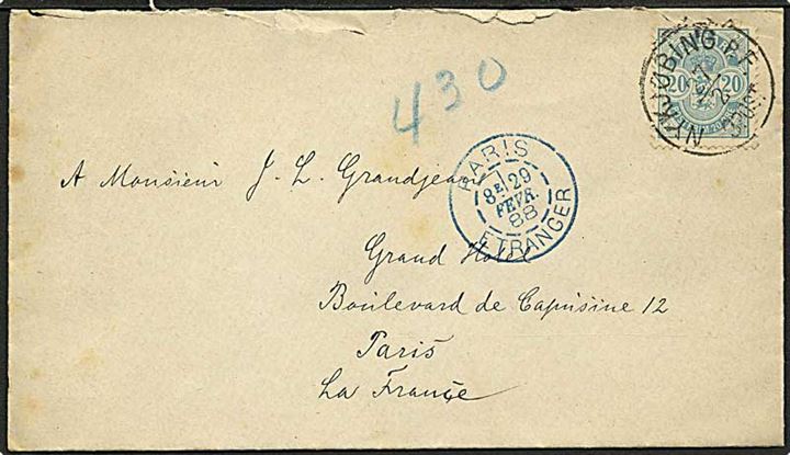 20 øre Våben single på brev annulleret med lapidar stempel Nykjøbing p.F. d. 27.7.1888 til Paris, Frankrig.