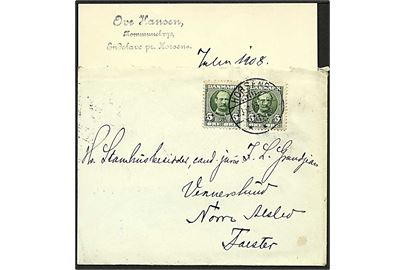 5 øre Fr. VIII i parstykke på brev med indhold dateret Endelave julen 1908 stemplet Horsens d. 23.12.1908 til Nr. Alslev. Endelave fik først tildelt stjernestempel i 1914.