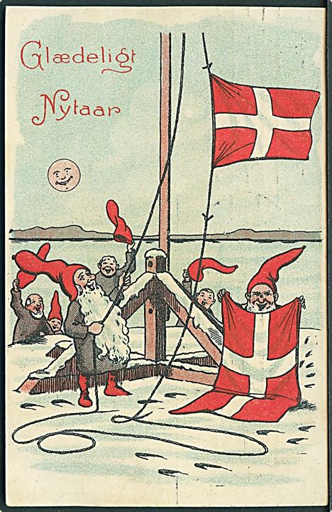 Røgind, Carl: “Nisser hejser flag”. Glædeligt Nytaar. A. Vincent serie 313/6. Kvalitet 7