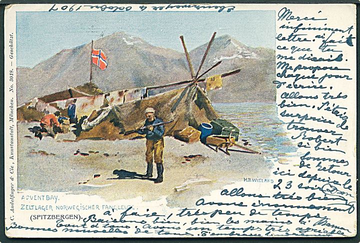 Svalbard. H. B. Wieland: “Advent Bay, Zeltlager norwegischer Fangleute”. C. A. & Co. no. 3018. Kvalitet 7