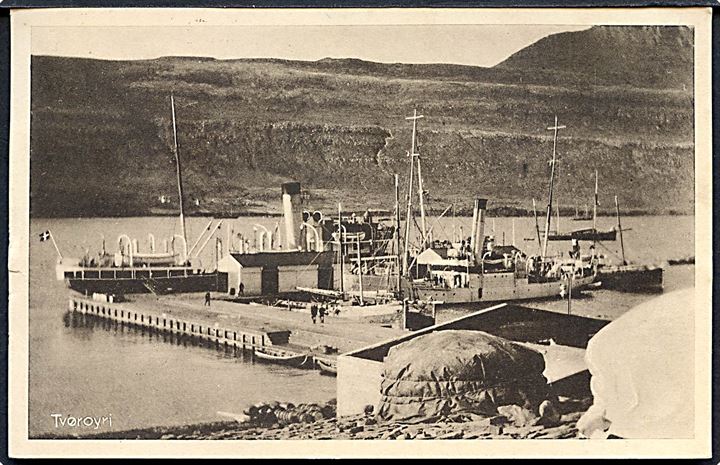 Trangisvaag, havneparti med dampskibe og orlogsskib. Stenders no. 65580. Kvalitet 8