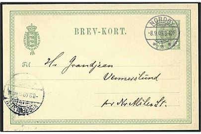 5 øre Fr. VIII helsagsbrevkort annulleret med brotype Ia stempel Nordby d. 8.9.1909 til Nr. Alslev.