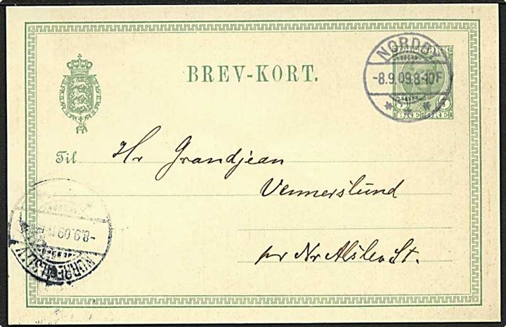 5 øre Fr. VIII helsagsbrevkort annulleret med brotype Ia stempel Nordby d. 8.9.1909 til Nr. Alslev.