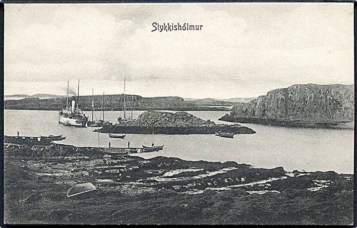 Stykkishólmur, havneparti med stort dampskib. G. Thorsteinsson u/no. Kvalitet 9