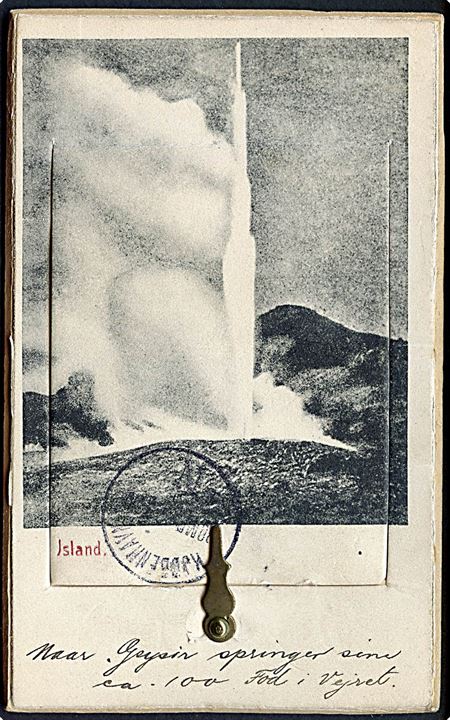 Islandsk Geysir. Kortbrev med fotolomme og 11 prospekter. B. Jonsson u/no. Afrevet mærke. Kvalitet 6