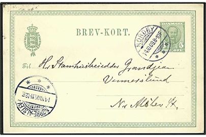 5 øre Fr. VIII helsagsbrevkort annulleret med brotype Ia stempel Nordby d. 14.10.1909 til Nr. Alslev.