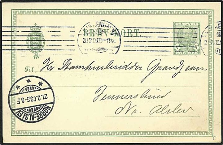 5 øre Fr. VIII helsagsbrevkort med fortrykt meddelelse fra Højres Forretningsudvalg og Repræsentantskab stemplet Kjøbenhavn d. 20.2.1909 til Nr. Alslev.