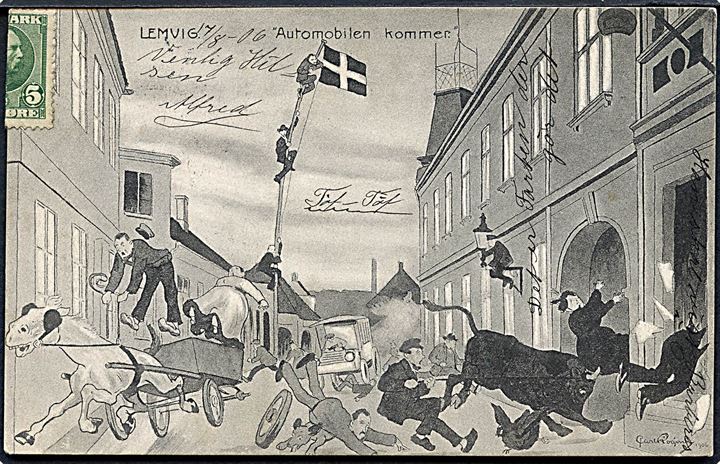 Lemvig, “Automobilen kommer”. Tegnet af Carl Røgind. H. Riegels no. 6591. Kvalitet 7