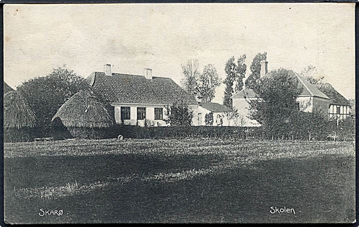 Skarø, skolen. H. Hansen u/no. Skrevet på Skarø og stemplet Svendborg 1908. Kvalitet 8