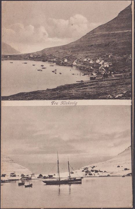 Klaksvig, udsigt over fjord med fiskefartøj. A. Brend no. 304318. Kvalitet 9
