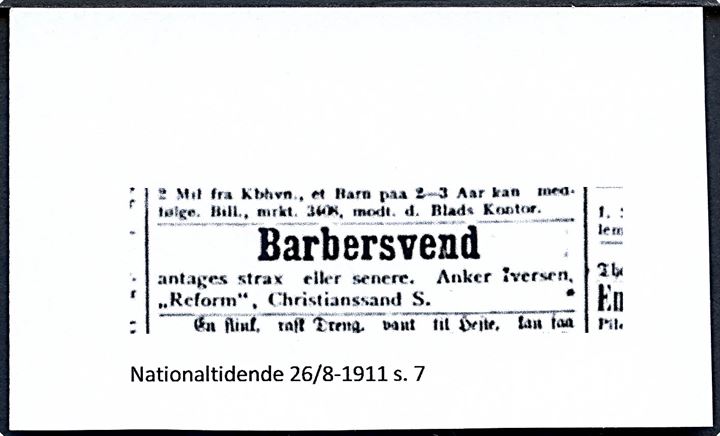 Christianssand, facade med “Reform” ved barber Anker Iversen. Fotokort u/no. Kvalitet 8