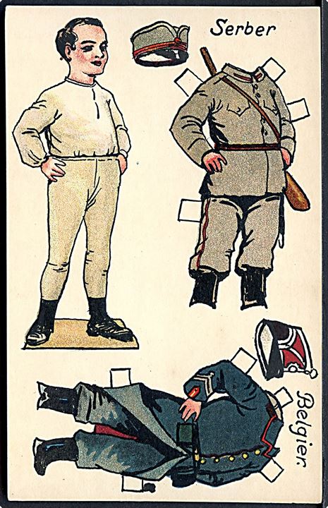 Jensen, Osvald: Påklædningsdukke; serbisk og belgisk soldat. A. Vincent serie 398/4. Kvalitet 9