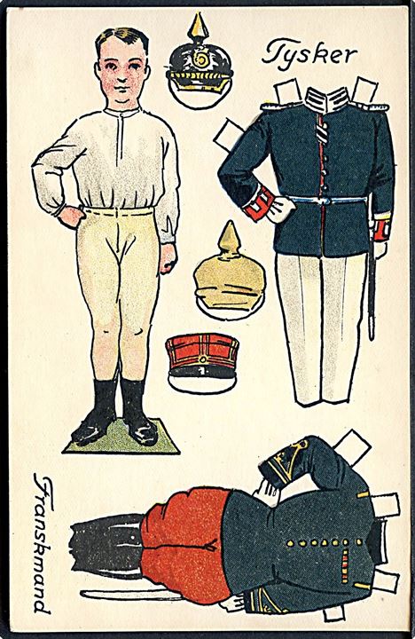 Jensen, Osvald: Påklædningsdukke; tysk og fransk soldat. A. Vincent serie 398/3. Kvalitet 9