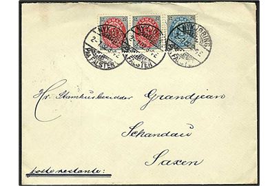 4 øre og 8 øre (par) Tofarvet på 20 øre frankeret brev fra Nykjøbing paa Falster d. 2.7.1902 til Schandau, Tyskland.