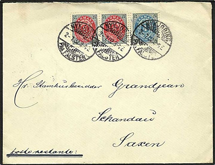 4 øre og 8 øre (par) Tofarvet på 20 øre frankeret brev fra Nykjøbing paa Falster d. 2.7.1902 til Schandau, Tyskland.