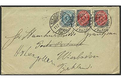 4 øre og 8 øre (2) Tofarvet på brev fra Nykjøbing paa Falster d. 17.2.1896 til Wiesbaden, Tyskland.