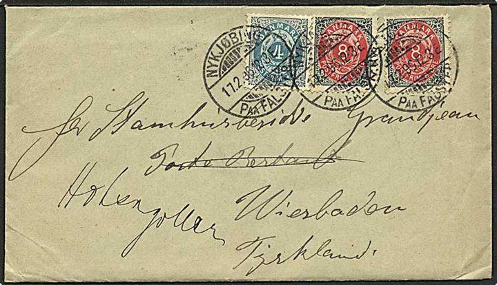 4 øre og 8 øre (2) Tofarvet på brev fra Nykjøbing paa Falster d. 17.2.1896 til Wiesbaden, Tyskland.