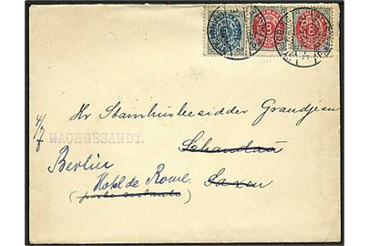 4 øre og 8 øre (par) Tofarvet omv. ramme på 20 øre frankeret brev fra Nykjøbing paa Falster d. 3.7.1902 til Schandau, Tyskland - eftersendt til Berlin.