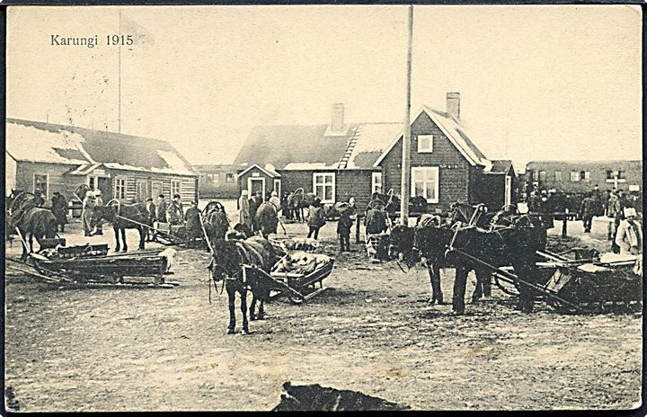 Sverige. Karungi, slædetransport fra jernbanestationen over Torneå elven vinteren 1915. Svenska Lithografiska AB. Kvalitet 7